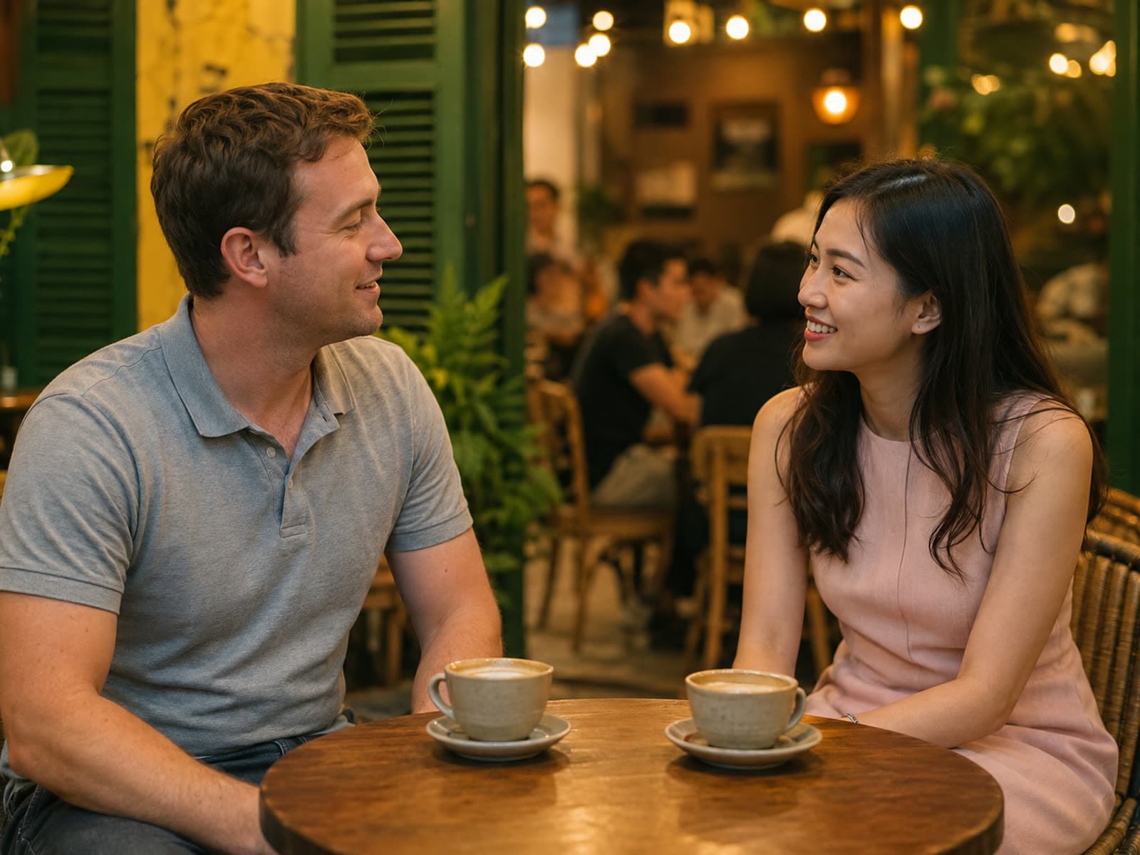 A Western man and a Vietnamese woman talking over coffee at a café in Vietnam